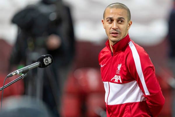 LIVERPOOL, ENGLAND - Sunday, January 17, 2021: Liverpool's Thiago Alcantara is interviewed by LFC.TV after the FA Premier League match between Liverpool FC and Manchester United FC at Anfield. The game ended in a 0-0 draw. (Pic by David Rawcliffe/Propaganda)