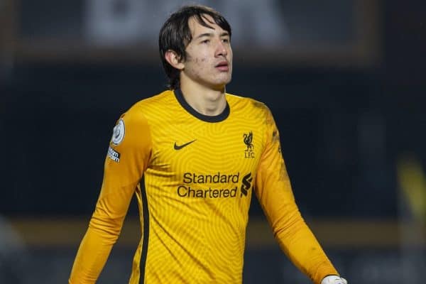 SOUTHPORT, ENGLAND - Monday, January 18, 2021: Liverpool's goalkeeper Marcelo Pitaluga (R) with assistant coach Gary O'Neil after the Premier League 2 Division 1 match between Everton FC Under-23's and Liverpool FC Under-23’s, the Mini-Merseyside Derby, at Haig Avenue. The game ended in a 1-1 draw. (Pic by David Rawcliffe/Propaganda)