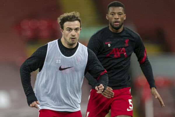 LIVERPOOL, ENGLAND - Thursday, January 21, 2021: Liverpool's Xherdan Shaqiri (L) and Georginio Wijnaldum during the pre-match warm-up before the FA Premier League match between Liverpool FC and Burnley FC at Anfield. Burnley won 1-0 ending Liverpool’s run of 68 games unbeaten at home. (Pic by David Rawcliffe/Propaganda)