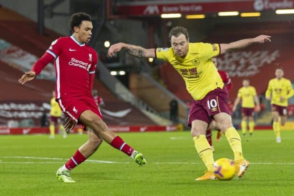 LIVERPOOL, ENGLAND - Thursday, January 21, 2021: Liverpool's Trent Alexander-Arnold (L) and Burnley's Ashley Barnes during the FA Premier League match between Liverpool FC and Burnley FC at Anfield. Burnley won 1-0 ending Liverpool’s run of 68 games unbeaten at home. (Pic by David Rawcliffe/Propaganda)