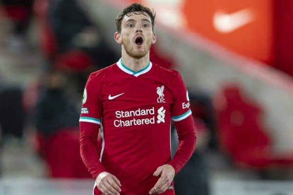 LIVERPOOL, ENGLAND - Thursday, January 21, 2021: Liverpool's Andy Robertson during the FA Premier League match between Liverpool FC and Burnley FC at Anfield. Burnley won 1-0 ending Liverpool’s run of 68 games unbeaten at home. (Pic by David Rawcliffe/Propaganda)