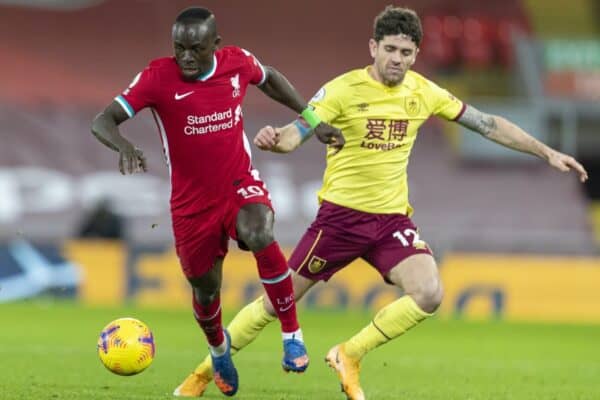 LIVERPOOL, ENGLAND - Thursday, January 21, 2021: Liverpool's Sadio Mané (L) and Burnley's Robbie Brady during the FA Premier League match between Liverpool FC and Burnley FC at Anfield. Burnley won 1-0 ending Liverpool’s run of 68 games unbeaten at home. (Pic by David Rawcliffe/Propaganda)