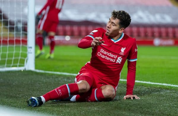 LIVERPOOL, ENGLAND - Thursday, January 21, 2021: Liverpool's Roberto Firmino looks dejected after missing a chance during the FA Premier League match between Liverpool FC and Burnley FC at Anfield. Burnley won 1-0 ending Liverpool’s run of 68 games unbeaten at home. (Pic by David Rawcliffe/Propaganda)