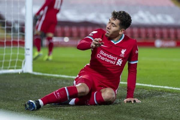 LIVERPOOL, ENGLAND - Thursday, January 21, 2021: Liverpool's Roberto Firmino looks dejected after missing a chance during the FA Premier League match between Liverpool FC and Burnley FC at Anfield. Burnley won 1-0 ending Liverpool’s run of 68 games unbeaten at home. (Pic by David Rawcliffe/Propaganda)