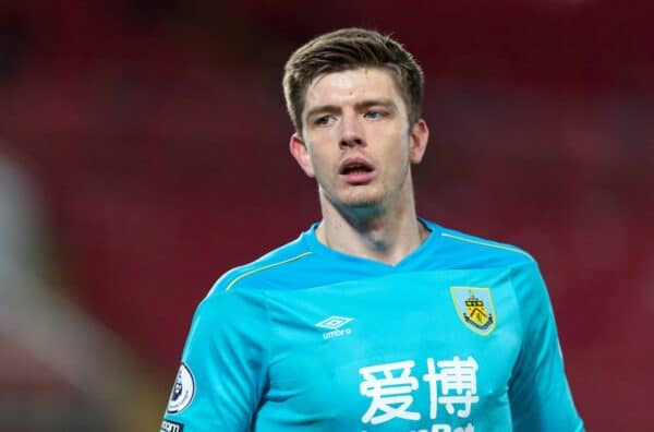 LIVERPOOL, ENGLAND - Thursday, January 21, 2021: Burnley's goalkeeper Nick Pope during the FA Premier League match between Liverpool FC and Burnley FC at Anfield. Burnley won 1-0 ending Liverpool’s run of 68 games unbeaten at home. (Pic by David Rawcliffe/Propaganda)