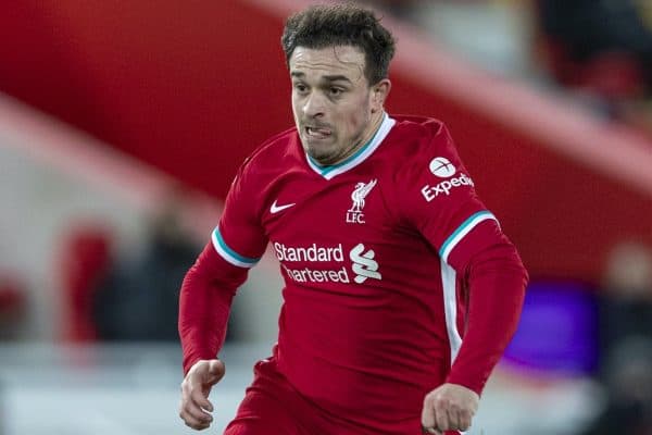 LIVERPOOL, ENGLAND - Thursday, January 21, 2021: Liverpool's Xherdan Shaqiri during the FA Premier League match between Liverpool FC and Burnley FC at Anfield. Burnley won 1-0 ending Liverpool’s run of 68 games unbeaten at home. (Pic by David Rawcliffe/Propaganda)