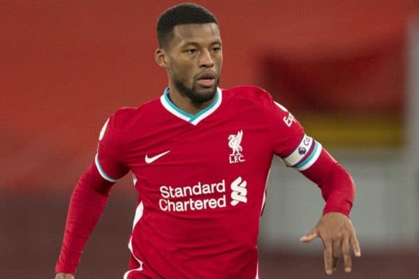 LIVERPOOL, ENGLAND - Thursday, January 21, 2021: Liverpool's captain Georginio Wijnaldum during the FA Premier League match between Liverpool FC and Burnley FC at Anfield. Burnley won 1-0 ending Liverpool’s run of 68 games unbeaten at home. (Pic by David Rawcliffe/Propaganda)