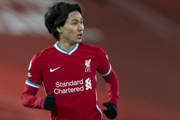 LIVERPOOL, ENGLAND - Thursday, January 21, 2021: Liverpool's Takumi Minamino during the FA Premier League match between Liverpool FC and Burnley FC at Anfield. Burnley won 1-0 ending Liverpool’s run of 68 games unbeaten at home. (Pic by David Rawcliffe/Propaganda)