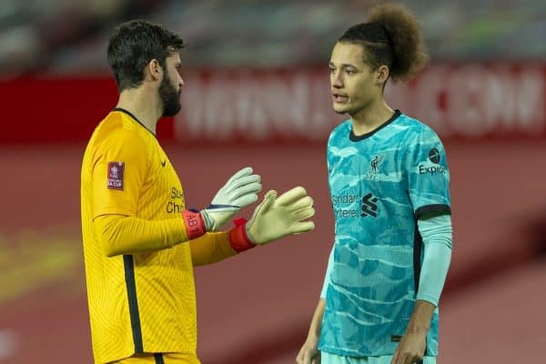 LIVERPOOL, ENGLAND - Sunday, January 24, 2021: Liverpool's Rhys Williams (R) and goalkeeper Alisson Becker before the FA Cup 4th Round match between Manchester United FC and Liverpool FC at Old Trafford. Manchester United won 3-2. (Pic by David Rawcliffe/Propaganda)