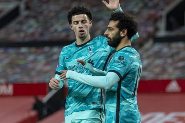 LIVERPOOL, ENGLAND - Sunday, January 24, 2021: Liverpool's Mohamed Salah (R) celebrates after scoring the first goal with team-mate Curtis Jones (L) during the FA Cup 4th Round match between Manchester United FC and Liverpool FC at Old Trafford. Manchester United won 3-2. (Pic by David Rawcliffe/Propaganda)