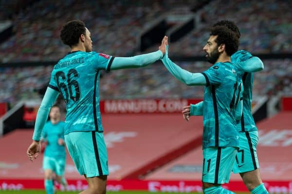 LIVERPOOL, ENGLAND - Sunday, January 24, 2021: Liverpool's Mohamed Salah (R) celebrates after scoring the first goal with team-mate Trent Alexander-Arnold (L) during the FA Cup 4th Round match between Manchester United FC and Liverpool FC at Old Trafford. Manchester United won 3-2. (Pic by David Rawcliffe/Propaganda)