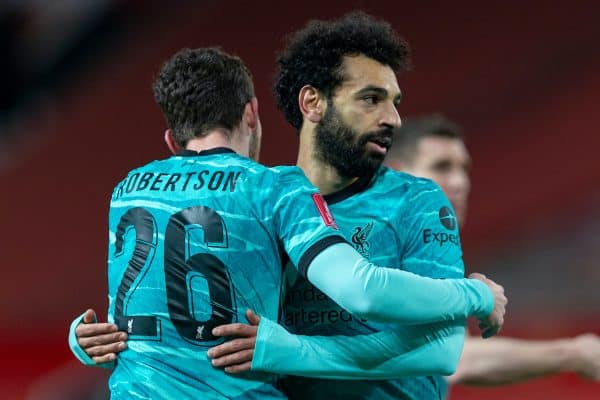 LIVERPOOL, ENGLAND - Sunday, January 24, 2021: Liverpool's Mohamed Salah celebrates after scoring the first goal during the FA Cup 4th Round match between Manchester United FC and Liverpool FC at Old Trafford. Manchester United won 3-2. (Pic by David Rawcliffe/Propaganda)