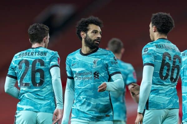 LIVERPOOL, ENGLAND - Sunday, January 24, 2021: Liverpool's Mohamed Salah celebrates after scoring the first goal during the FA Cup 4th Round match between Manchester United FC and Liverpool FC at Old Trafford. Manchester United won 3-2. (Pic by David Rawcliffe/Propaganda)