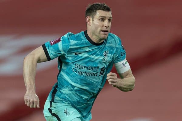 LIVERPOOL, ENGLAND - Sunday, January 24, 2021: Liverpool's captain James Milner during the FA Cup 4th Round match between Manchester United FC and Liverpool FC at Old Trafford. Manchester United won 3-2. (Pic by David Rawcliffe/Propaganda)