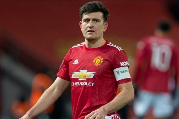 LIVERPOOL, ENGLAND - Sunday, January 24, 2021: Manchester United's captain Harry Maguire during the FA Cup 4th Round match between Manchester United FC and Liverpool FC at Old Trafford. Manchester United won 3-2. (Pic by David Rawcliffe/Propaganda)