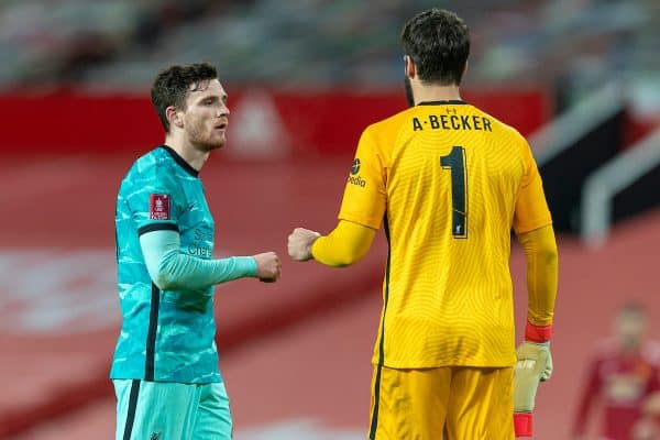 LIVERPOOL, ENGLAND - Sunday, January 24, 2021: Liverpool's Andy Robertson (L) and goalkeeper Alisson Becker after the FA Cup 4th Round match between Manchester United FC and Liverpool FC at Old Trafford. Manchester United won 3-2. (Pic by David Rawcliffe/Propaganda)