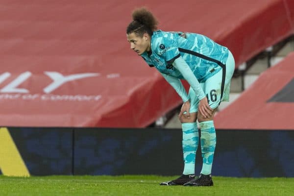 LIVERPOOL, ENGLAND - Sunday, January 24, 2021: Liverpool's Rhys Williams looks dejected after the FA Cup 4th Round match between Manchester United FC and Liverpool FC at Old Trafford. Manchester United won 3-2. (Pic by David Rawcliffe/Propaganda)