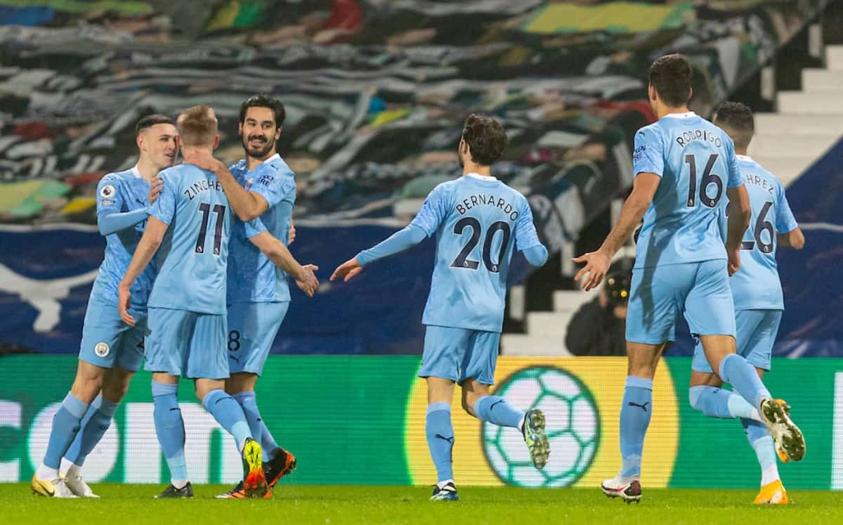 BIRMINGHAM, ENGLAND - Tuesday, January 26, 2021: Manchester City's I?lkay Gu?ndog?an (R) celebrates with team-mates after scoring the first goal during the FA Premier League match between West Bromwich Albion FC and Manchester City FC at The Hawthorns. Manchester City won 5-0. (Pic by David Rawcliffe/Propaganda)