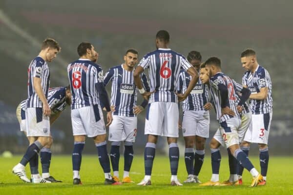 BIRMINGHAM, ENGLAND - Tuesday, January 26, 2021: West Bromwich Albion's captain Jake Livermore (L #8) speaks to his players at half-time with them 4-0 down during the FA Premier League match between West Bromwich Albion FC and Manchester City FC at The Hawthorns. Manchester City won 5-0. (Pic by David Rawcliffe/Propaganda)
