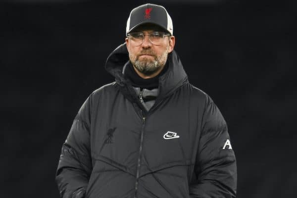 LONDON, ENGLAND - Thursday, January 28, 2021: Liverpool's manager Jürgen Klopp during the pre-match warm-up before the FA Premier League match between Tottenham Hotspur FC and Liverpool FC at the Tottenham Hotspur Stadium. (Pic by Propaganda)