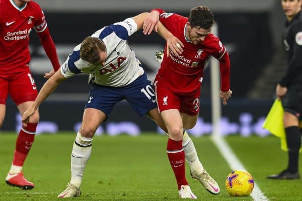 LONDON, ENGLAND - Thursday, January 28, 2021: Liverpool's Andy Robertson (R) and Tottenham Hotspur's Harry Kane during the FA Premier League match between Tottenham Hotspur FC and Liverpool FC at the Tottenham Hotspur Stadium. (Pic by Propaganda)
