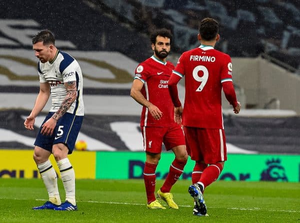 LONDON, ENGLAND - Thursday, January 28, 2021: Liverpool's Mohamed Salah (R) celebrates after scoring a goal, only for it to be disallowed after a VAR review, during the FA Premier League match between Tottenham Hotspur FC and Liverpool FC at the Tottenham Hotspur Stadium. (Pic by Propaganda)