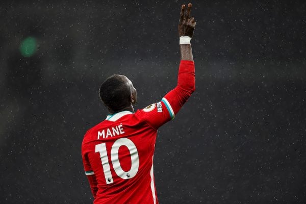 LONDON, ENGLAND - Thursday, January 28, 2021: Liverpool's Sadio Mané celebrates after scoring the third goal during the FA Premier League match between Tottenham Hotspur FC and Liverpool FC at the Tottenham Hotspur Stadium. (Pic by Propaganda)