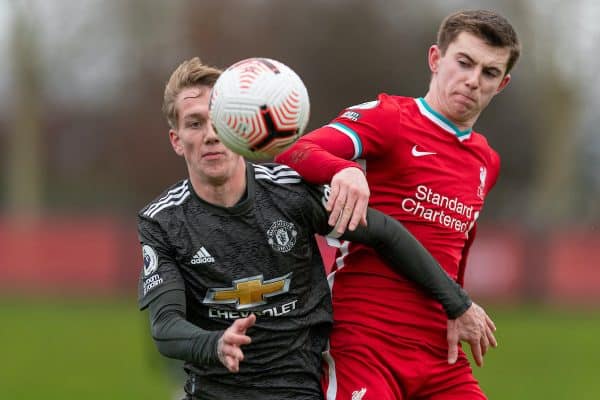 KIRKBY, ENGLAND - Saturday, January 30, 2021: Manchester United's Ethan Galbraith (L) and Liverpool's Ben Woodburn during the Premier League 2 Division 1 match between Liverpool FC Under-23's and Manchester United FC Under-23's at the Liverpool Academy. Manchester United won 6-3. (Pic by David Rawcliffe/Propaganda)