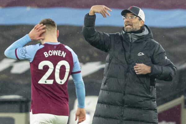 LONDON, ENGLAND - Sunday, January 31, 2021: Liverpool's manager Jürgen Klopp during the FA Premier League match between West Ham United FC and Liverpool FC at the London Stadium. Liverpool won 3-1. (Pic by David Rawcliffe/Propaganda)