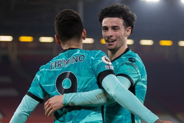 SHEFFIELD, ENGLAND - Sunday, February 28, 2021: Liverpool's Roberto Firmino (L) celebrates with team-mate Curtis Jones after scoring the second goal during the FA Premier League match between Sheffield United FC and Liverpool FC at Bramall Lane. Liverpool won 2-0. (Pic by David Rawcliffe/Propaganda)