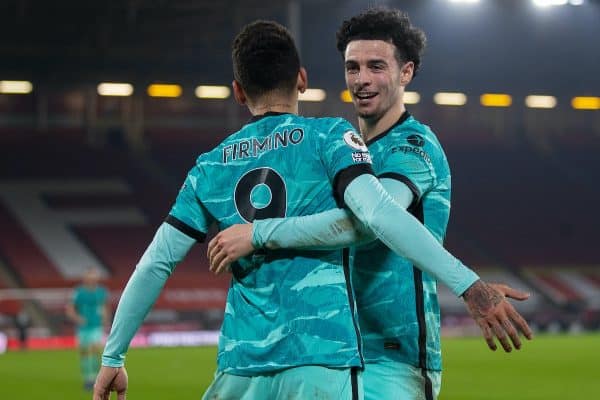 SHEFFIELD, ENGLAND - Sunday, February 28, 2021: Liverpool's Roberto Firmino (L) celebrates with team-mate Curtis Jones after scoring the second goal during the FA Premier League match between Sheffield United FC and Liverpool FC at Bramall Lane. Liverpool won 2-0. (Pic by David Rawcliffe/Propaganda)