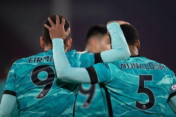 SHEFFIELD, ENGLAND - Sunday, February 28, 2021: Liverpool's Roberto Firmino (L) celebrates with team-mate Georginio Wijnaldum after scoring the second goal during the FA Premier League match between Sheffield United FC and Liverpool FC at Bramall Lane. Liverpool won 2-0. (Pic by David Rawcliffe/Propaganda)