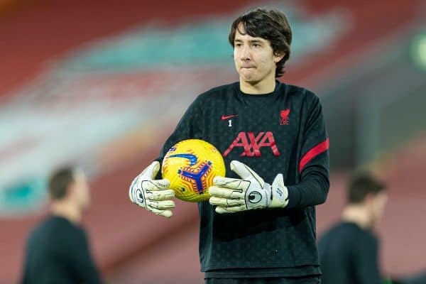 LIVERPOOL, ENGLAND - Wednesday, February 3, 2021: Liverpool's Marcelo Pitaluga during the pre-match warm-up before the FA Premier League match between Liverpool FC and Brighton & Hove Albion FC at Anfield. Brighton & Hove Albion won 1-0. (Pic by David Rawcliffe/Propaganda)