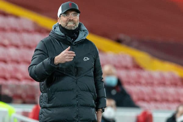 LIVERPOOL, ENGLAND - Wednesday, February 3, 2021: Liverpool's manager Jürgen Klopp during the FA Premier League match between Liverpool FC and Brighton & Hove Albion FC at Anfield. Brighton & Hove Albion won 1-0. (Pic by David Rawcliffe/Propaganda)