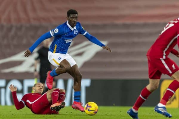 LIVERPOOL, ENGLAND - Wednesday, February 3, 2021: Brighton & Hove Albion's Yves Bissouma rides a tackle from Liverpool's Thiago Alcantara during the FA Premier League match between Liverpool FC and Brighton & Hove Albion FC at Anfield. Brighton & Hove Albion won 1-0. (Pic by David Rawcliffe/Propaganda)