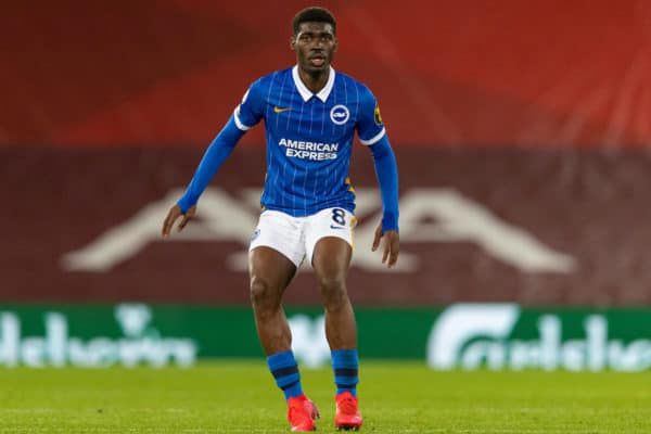 LIVERPOOL, ENGLAND - Wednesday, February 3, 2021: Brighton & Hove Albion's Yves Bissouma during the FA Premier League match between Liverpool FC and Brighton & Hove Albion FC at Anfield. Brighton & Hove Albion won 1-0. (Pic by David Rawcliffe/Propaganda)