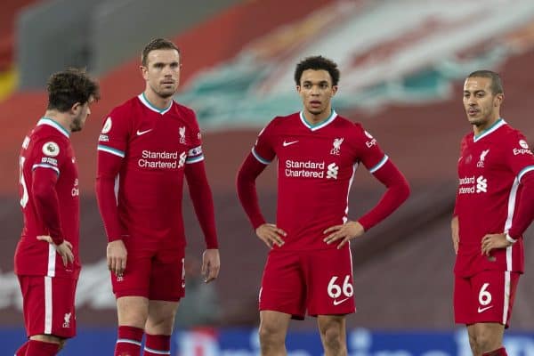 LIVERPOOL, ENGLAND - Wednesday, February 3, 2021: Liverpool's Xherdan Shaqiri, captain Jordan Henderson, Trent Alexander-Arnold and Thiago Alcantara prepare for a free-kick during the FA Premier League match between Liverpool FC and Brighton & Hove Albion FC at Anfield. Brighton & Hove Albion won 1-0. (Pic by David Rawcliffe/Propaganda)