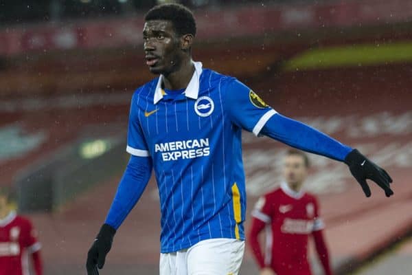 LIVERPOOL, ENGLAND - Wednesday, February 3, 2021: Brighton & Hove Albion's Yves Bissouma during the FA Premier League match between Liverpool FC and Brighton & Hove Albion FC at Anfield. Brighton & Hove Albion won 1-0. (Pic by David Rawcliffe/Propaganda)