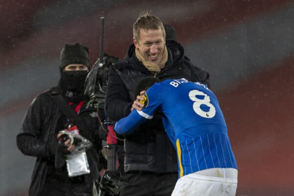 LIVERPOOL, ENGLAND - Wednesday, February 3, 2021: Brighton & Hove Albion's manager Graham Potter (L) celebrates with Yves Bissouma at the final whistle during the FA Premier League match between Liverpool FC and Brighton & Hove Albion FC at Anfield. Brighton & Hove Albion won 1-0. (Pic by David Rawcliffe/Propaganda)