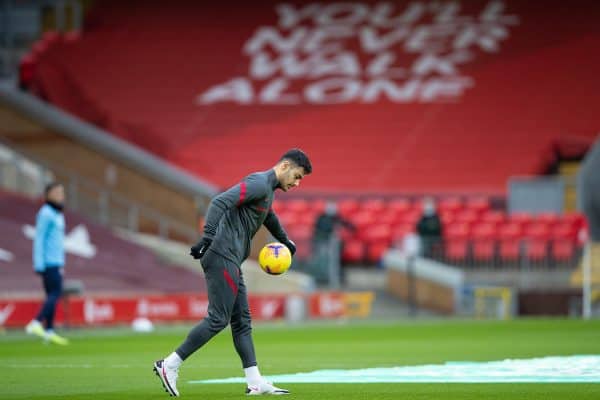 LIVERPOOL, ENGLAND - Sunday, February 7, 2021: Liverpool's Ozan Kabak during the pre-match warm-up before the FA Premier League match between Liverpool FC and Manchester City FC at Anfield. Manchester City won 4-1. (Pic by David Rawcliffe/Propaganda)