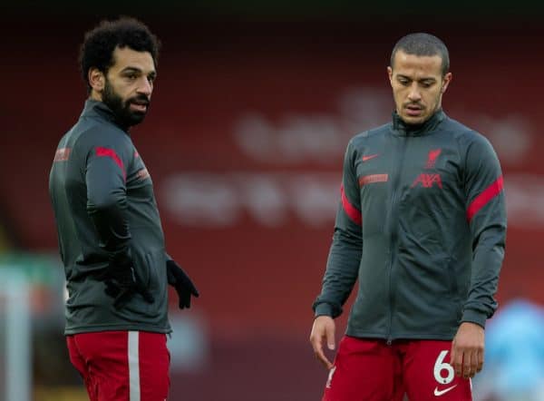 LIVERPOOL, ENGLAND - Sunday, February 7, 2021: Liverpool's Mohamed Salah (L) and Thiago Alcantara during the pre-match warm-up before the FA Premier League match between Liverpool FC and Manchester City FC at Anfield. Manchester City won 4-1. (Pic by David Rawcliffe/Propaganda)