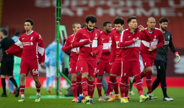 LIVERPOOL, ENGLAND - Sunday, February 7, 2021: Liverpool's Mohamed Salah and team-mates remove their anthem jackets before the FA Premier League match between Liverpool FC and Manchester City FC at Anfield. Manchester City won 4-1. (Pic by David Rawcliffe/Propaganda)