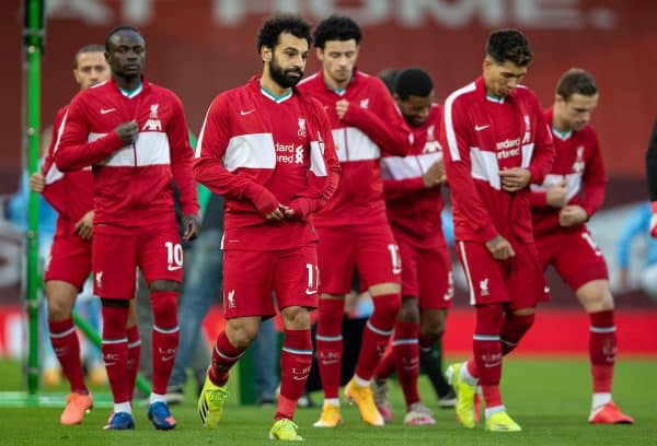 LIVERPOOL, ENGLAND - Sunday, February 7, 2021: Liverpool's Mohamed Salah and team-mates remove their anthem jackets before the FA Premier League match between Liverpool FC and Manchester City FC at Anfield. Manchester City won 4-1. (Pic by David Rawcliffe/Propaganda)