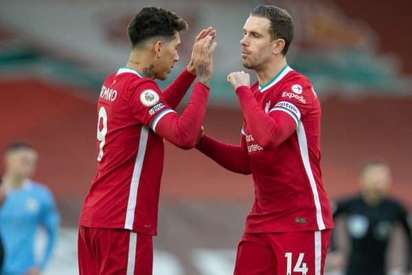 LIVERPOOL, ENGLAND - Sunday, February 7, 2021: Liverpool's Roberto Firmino (L) and captain Jordan Henderson before the FA Premier League match between Liverpool FC and Manchester City FC at Anfield. Manchester City won 4-1. (Pic by David Rawcliffe/Propaganda)