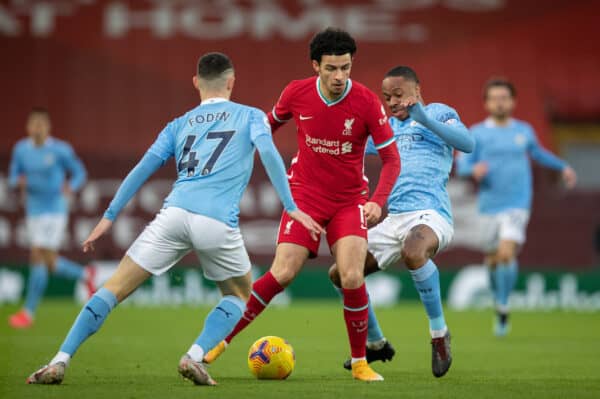 LIVERPOOL, ENGLAND - Sunday, February 7, 2021: Liverpool's Curtis Jones during the FA Premier League match between Liverpool FC and Manchester City FC at Anfield. Manchester City won 4-1. (Pic by David Rawcliffe/Propaganda)