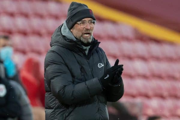 LIVERPOOL, ENGLAND - Sunday, February 7, 2021: Liverpool's manager Jürgen Klopp reacts during the FA Premier League match between Liverpool FC and Manchester City FC at Anfield. Manchester City won 4-1. (Pic by David Rawcliffe/Propaganda)