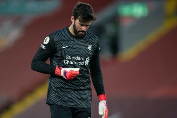 LIVERPOOL, ENGLAND - Sunday, February 7, 2021: Liverpool's goalkeeper Alisson Becker prepares to face a penalty during the FA Premier League match between Liverpool FC and Manchester City FC at Anfield. Manchester City won 4-1. (Pic by David Rawcliffe/Propaganda)