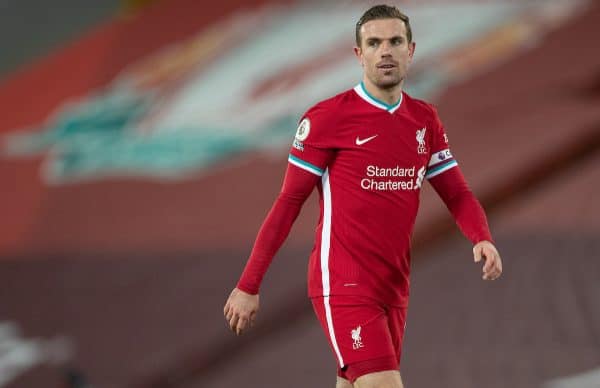 LIVERPOOL, ENGLAND - Sunday, February 7, 2021: Liverpool's captain Jordan Henderson during the FA Premier League match between Liverpool FC and Manchester City FC at Anfield. Manchester City won 4-1. (Pic by David Rawcliffe/Propaganda)