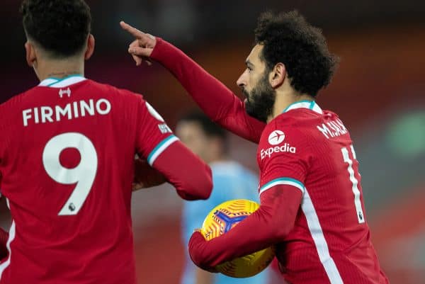 LIVERPOOL, ENGLAND - Sunday, February 7, 2021: Liverpool's Mohamed Salah celebrates after scoring the first equalising goal from a penalty kick during the FA Premier League match between Liverpool FC and Manchester City FC at Anfield. Manchester City won 4-1. (Pic by David Rawcliffe/Propaganda)