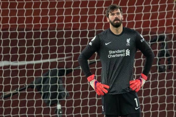 LIVERPOOL, ENGLAND - Sunday, February 7, 2021: Liverpool's goalkeeper Alisson Becker looks dejected as Manchester City score the third goal during the FA Premier League match between Liverpool FC and Manchester City FC at Anfield. Manchester City won 4-1. (Pic by David Rawcliffe/Propaganda)